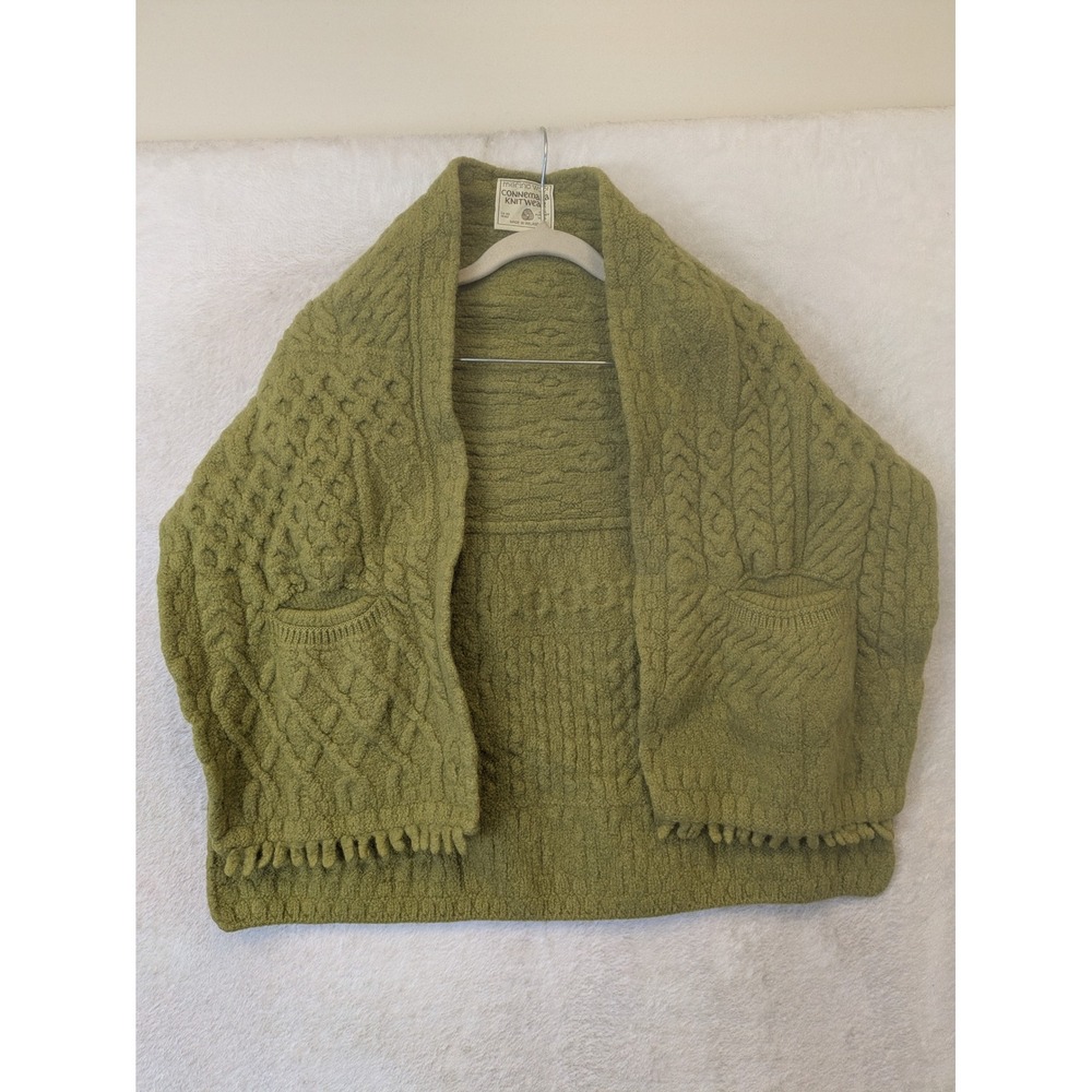 Connemara Knitwear Cardigan Women's OS Green Merino Wool Cable Knit Irish Fringe